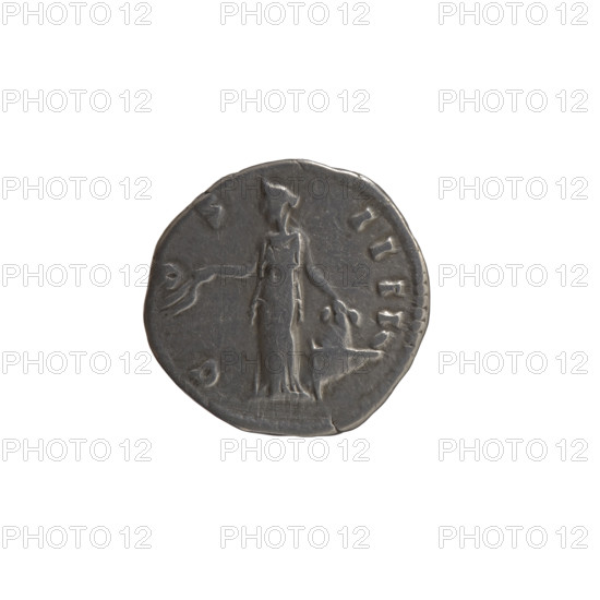 Denarius, Antoninus Pius (86–161; Roman emperor 138–161) — obverse: head of Antoninus Pius in a laurel wreath facing right, inscription ONINVS AVG PI - VS PP TR P XVIII; reverse: Annona (personification) stands left, holds ears of corn in her right hand, rests her left on a container (modius) standing on a ship, inscription C OS - IIII; iconography includes Annona, ears of corn, modius, personifications, ships; date ca. 154–155; Roman Empire (27 BC–476), Rome; coin; diameter 16.5 mm; weight 2.95 g; axis 180°.