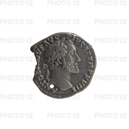 Denarius (with a hole), Antoninus Pius (86–161; Roman emperor 138–161), issuer: Antoninus Pius. Obverse: Head of Antoninus Pius in a laurel wreath facing right, inscription ANTONINVS AVG PIVS PP TR P XVIII. Reverse: Annona (personification) stands left, holds ears of corn in her right hand, rests her left on a container (modius) standing on a ship, inscription S • IIII. Date: 154–155. Roman Empire (27 BC–476). Rome. Coin. Diameter 16.5–17.0 mm, weight 2.75 g, axis 210°.