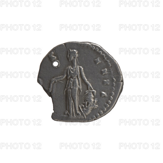 Denarius (with a hole), Antoninus Pius (86–161; Roman emperor 138–161), issuer: Antoninus Pius. Obverse: Head of Antoninus Pius in a laurel wreath facing right, legend ANTONINVS AVG PIVS PP TR P XVIII. Reverse: Annona (personification) stands left, holds ears of corn in her right hand, rests her left on a container (modius) standing on a ship, legend S - IIII. Iconography: Annona, ears of corn, personifications, head of the emperor in a laurel wreath, modius, ships. Date: 154–155. Culture: Roman Empire (27 BC–476). Place: Rome. Object type: Coin. Measurements: diameter 16.5–17.0 mm, weight 2.75 g, axis 210°.