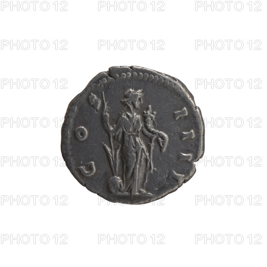 Denarius of Antoninus Pius (86–161; Roman emperor 138–161). Obverse: Head of Antoninus Pius in a laurel wreath facing right, legend ANTONINVS AVG PI - VS PP, RP XVIII. Reverse: Fortuna standing right, holding a long rudder leaning against a globe in her right hand and a cornucopia in her left, legend C OS - IIII. Date: 154–155. Culture: Roman Empire (27 BC–476). Place: Rome. Medium/function: coin. Diameter: 17.0–17.5 mm. Weight: 2.85 g. Axis: 180°.