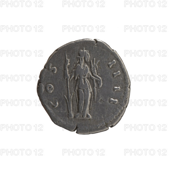 Denarius of Antoninus Pius (86–161; Roman emperor 138–161), c. 154–155. Obverse: Head of Antoninus Pius in a laurel wreath facing right, inscription ANTONINVS AVG PI - VS PP, RP XVIII around. Reverse: Fortuna standing right; in her right hand a long rudder leaning against a globe, in her left hand a horn of plenty, inscription C OS - IIII around. Roman coin; diameter 18.0–18.5 mm, weight 2.65 g, axis 180°.