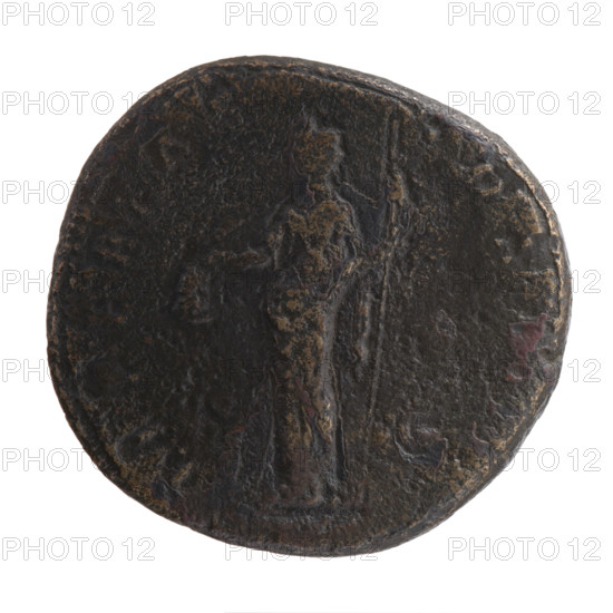 Sestertius, Antoninus Pius (86–161; Roman emperor 138–161), personifications (iconography): Libertas; head of the emperor in a laurel wreath (iconographic); pileus (attribute); staffs. Obverse: Head of Antoninus Pius in a laurel wreath to the right, ONINVS AVG - VS PP TR P XVIII all around. Reverse: Libertas stands left, holds a liberation cap (pileus) in his right hand and a staff (vindicta) in his left, LIBERTAS - , OS, all around, in SC. Date: 154–155. Culture/place: Roman Empire, Rome. Object type: coin (sestertius). Dimensions: diameter 30.0–32.0 mm, weight 23.35 g, axis 15 degrees.