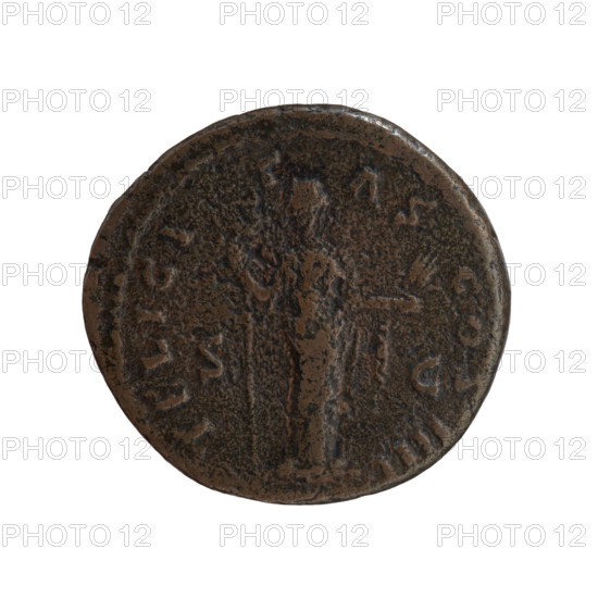 Antoninus Pius (86–161; Roman Emperor 138–161), issuer; obverse: head of Antoninus Pius in a laurel wreath facing right, inscription NTONINVS AVG P—VS PP TRP XVIII; reverse: Felicitas standing frontally with head turned left, holding a long caduceus in her right hand and ears of corn in her left, inscription FELICI T AS COS IIII, in SC fields; dated 154–155; Roman Empire (27 BC–476), Rome; coin; diameter 25.0–27.0 mm; weight 9.90 g; axis 195°.