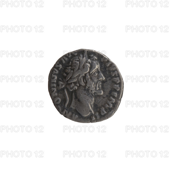 Denarius, Antoninus Pius (86–161; Roman emperor 138–161) — obverse: head of the emperor in a laurel wreath facing right, inscription 'ANTONINVS AVG PIVS PP IMP II'; reverse: Annona (personification) stands left, holds ears of corn in her right hand and rests her left on a container (modius) standing on a ship, inscription 'TR POT XIX COS IIII'; dated 155–156; Roman Empire, Rome; coin; diameter 16.0 mm; weight 2.80 g; axis 180°.