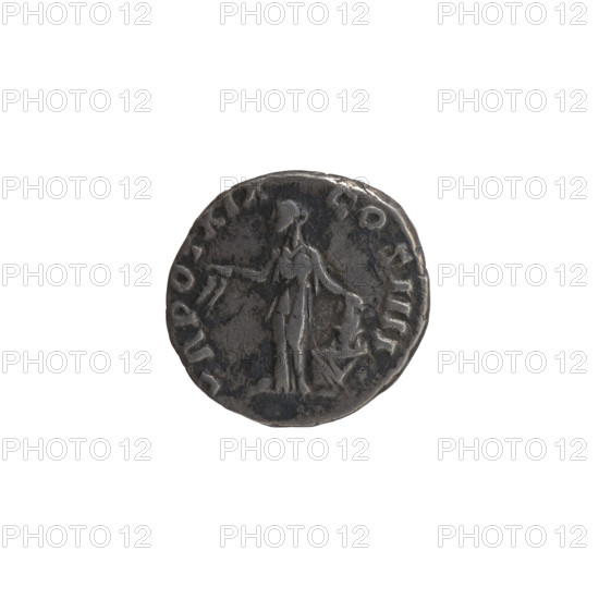 Denarius, Antoninus Pius (86–161; Roman emperor 138–161), issuer: Antoninus Pius; obverse: head of the emperor in a laurel wreath facing right, legend 'ANTONINVS AVG - PIVS PP IMP II'; reverse: Annona (personification) stands left, holds ears of corn in her right hand, rests her left on a container (modius) standing on a ship, legend 'TR POT XIX - COS IIII'; iconography includes head of the emperor, ears of corn, personifications, modius, ships; date: 155–156; Roman Empire; Rome; coin; diameter 16.0 mm; weight 2.80 g; axis 180 degrees.
