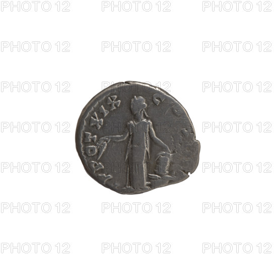 Denarius of Antoninus Pius (86–161; Roman emperor 138–161). Obverse: Head of Antoninus Pius in a laurel wreath facing right, inscription ANTONINVS AV[...]S PP IMP II. Reverse: Annona (personification) stands left, holds ears of corn in her right hand and rests her left on a container (modius) standing on a ship, inscription TR POT XIX - COS. Date: 155–156. Roman Empire (27 BC–476). Coin: diameter 15.0–16.5 mm, weight 3.05 g, axis 195°.
