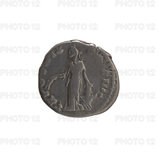 denarius, Antoninus Pius (86–161; Roman emperor 138–161), issuer: Antoninus Pius; obverse: head of the emperor in a laurel wreath facing right, inscription ANTONINVS AVG PIVS PP IMP II; reverse: Annona (personification) stands left, holds ears of corn in her right hand, rests her left on a container (modius) standing on a ship, inscription TR POT XIX, S IIII; iconography: Annona, ears of corn, personifications; dates: 155–156; culture: Roman Empire (27 BC–476); place: Rome; object type: coin (denarius); materials/measurements: diameter 18.0–19.0 mm, weight 3.27 g, axis 180 degrees.