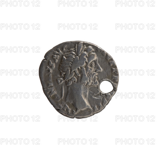 Denarius (with a hole), Antoninus Pius (86–161; Roman emperor 138–161) — issuer. Obverse: head of Antoninus Pius in a laurel wreath facing right, legend ANTONINVS AVG - PIVS PP, MP II all around. Reverse: Annona (personification) stands left, holds ears of corn in her right hand, rests her left on a container (modius) standing on a ship, legend TR POT XIX -, S IIII all around. Iconography: Annona, ears of corn, personifications; head of the emperor in a laurel wreath, modius, ships. Date: 155–156. Culture/place: Roman Empire (27 BC–476), Rome. Object type/material: coin (denarius). Dimensions: diameter 16.0 mm; weight 3.00 g; axis 195°.