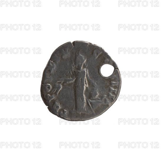 Denarius (with a hole), Antoninus Pius (86–161; Roman emperor 138–161), issuer: Antoninus Pius. Obverse: head of the emperor in a laurel wreath facing right, legend 'ANTONINVS AVG - PIVS PP', mintmark MP II. Reverse: Annona (personification) stands left, holds ears of corn in her right hand, rests her left on a container (modius) standing on a ship, legend 'TR POT XIX - , S IIII'. Date: 155–156. Roman Empire (27 BC–476), Rome. Medium: coin; diameter 16.0 mm; weight 3.00 g; axis 195°.