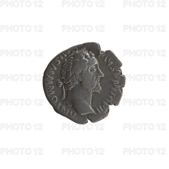 Denarius of Antoninus Pius (86–161; Roman emperor 138–161). Obverse: Head of Antoninus Pius in a laurel wreath facing right, legend ANTONINVS A- PIVS PP IMP II. Reverse: Fortuna standing right; in her right hand she holds a long rudder leaning against a globe, in her left hand she holds a cornucopia, legend TR POT XIX - COS IIII. Date: 155–156. Culture: Roman Empire. Place: Rome. Medium: coin. Diameter: 17.5 mm. Weight: 3.27 g. Axis: 180 degrees.