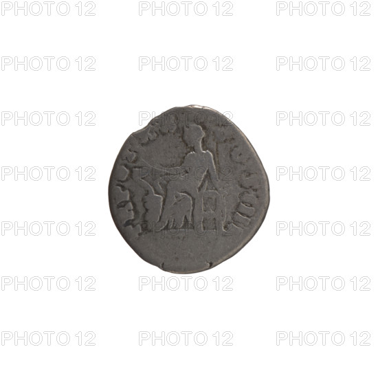 Denarius of Antoninus Pius (86–161; Roman emperor 138–161). Obverse: Head of Antoninus Pius in a laurel wreath facing right, inscription NINVS AVG - PIVS PP IMP II. Reverse: Salus seated left feeding a snake wrapped around an altar with her right hand and leaning on the throne with her left, inscription TR POT XX - COS IIII. Date: 156–157. Culture: Roman Empire. Place: Rome. Object type: coin. Materials/measurements: coin, diameter 15.5–16.5 mm, weight 2.72 g, axis 180°.