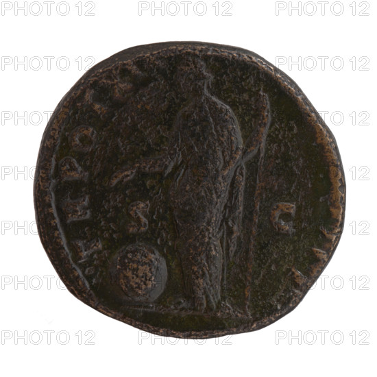 Sestertius, Antoninus Pius (86–161; Roman emperor 138–161), issuer; personifications; iconography: head of the emperor in a laurel wreath, scepters, globe (attribute), Providentia. Obverse: Head of Antoninus Pius in a laurel wreath to the right, legend ANTONINVS AVG - PIVS PP IMP II. Reverse: Providentia stands left, stretches her right hand above the globe lying on the ground, holds a long scepter in her left hand, legend TR POT XIX -, IIII; in the fields S - C. Date: 155–156. Empire: Roman (27 BC–476). Place: Rome. Object: coin (sestertius). Diameter: 29.0–31.0 mm. Weight: 23.95 g. Axis: 180°.