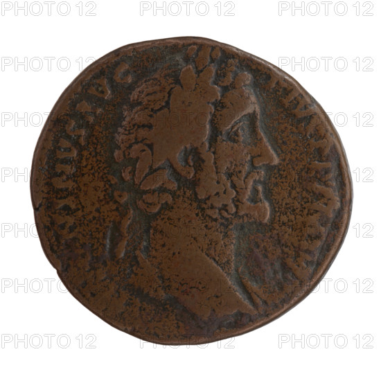 Sestertius; Antoninus Pius (86–161; Roman emperor 138–161) issuer; obverse: head of Antoninus Pius in a laurel wreath to the right, inscription NINVS AVG - PIVS PP IMP II; reverse: Providentia stands left, stretches her right hand above a globe lying on the ground, holds a long scepter in her left hand, inscription TR, OT X, X - COS; fields S - C; dated 155–156; Roman Empire, Rome; coin; diameter 30.0–31.0 mm; weight 23.95 g; axis 345°.
