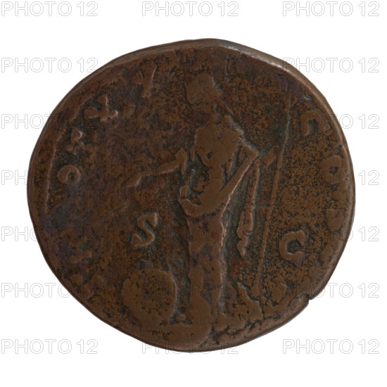 Sestertius, Antoninus Pius (86–161; Roman emperor 138–161) — issuer: Antoninus Pius. Iconography: scepters; globe (attribute); personifications; head of the emperor in a laurel wreath; Providentia (personification). Obverse: Head of Antoninus Pius in a laurel wreath to the right, legend NINVS AVG - PIVS PP IMP II. Reverse: Providentia stands left, stretches her right hand above the globe lying on the ground, holds a long scepter in her left hand, legend TR, OT X, X - COS; field marks S - C. Date: 155–156. Place: Rome, Roman Empire (27 BC–476). Object: coin. Dimensions: diameter 30.0–31.0 mm; weight 23.95 g; axis 345°.