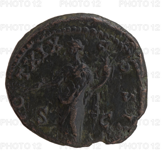 As/dupondius of Antoninus Pius (86–161; Roman emperor 138–161), issuer: Antoninus Pius – obverse: head of Antoninus Pius in a laurel wreath with drapery on the left shoulder to the right, legend NINVS, IMP II; reverse: Pax stands left holding a branch in his right hand and a cornucopia in his left, legend PO - T XIX - COS II, in SC fields. Date: 155–156. Medium: Roman coin; diameter 24.5–26.5 mm, weight 12.80 g, axis 150°.