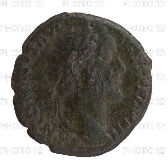 As/dupondius, Antoninus Pius (86–161; Roman emperor 138–161), issuer; personifications; Antoninus Pius — iconography: Fides standing; legionary symbols; emperor's head in laurel wreath. Obverse: Head of Antoninus Pius in laurel wreath facing right, inscription 'ANTONINVS AVG - PIVS PP IMP II' all around. Reverse: Fides standing left, holding two legionary symbols, inscription 'TR PO, X, X - COS IIII' all around, in fields 'S - C'. Date: 155–156. Place: Rome, Roman Empire. Object type: coin. Dimensions: diameter 25.0–25.5 mm; weight 11.50 g; axis 180 degrees.