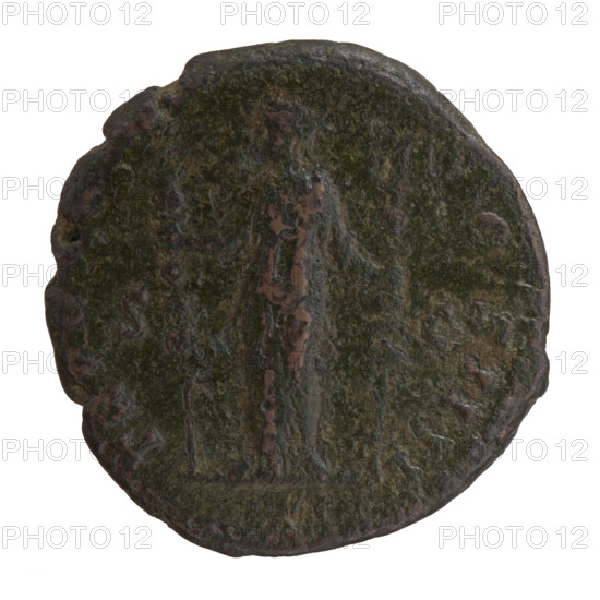 as/dupondius, Antoninus Pius (86–161; Roman emperor 138–161) (issuer); personifications; Antoninus Pius — iconography; Fides standing; legionary symbols; emperor's head in laurel wreath. Obverse: Head of Antoninus Pius in laurel wreath facing right, inscription ANTONINVS AVG PIVS PP IMP II; Reverse: Fides standing left, holding two legionary symbols, inscription TR PO X X COS IIII, fields S - C. Date: 155–156. Place: Rome, Roman Empire (27 BC–476). Object: coin (as/dupondius). Measurements: diameter 25.0–25.5 mm, weight 11.50 g, axis 180 degrees.