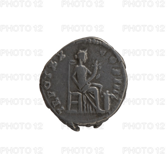 Denarius of Antoninus Pius (reigned 138–161). Obverse: head of Antoninus Pius in a laurel wreath facing right, inscription ANTONINVS AV - S PP IMP II. Reverse: Annona seated right holding a horn of plenty in both hands; in front of her a container (modius) with ears of grain, inscription TR POT XX - COS IIII. Dated 156–157. Roman Empire, Rome. Coin; diameter 16.0 mm, weight 3.50 g, axis 210°.