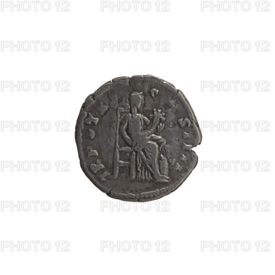 Denarius of Antoninus Pius (86–161; Roman emperor 138–161). Obverse: head of the emperor in a laurel wreath facing right, inscription ANTONINVS AVG PIVS PP IMP II. Reverse: Annona seated right holding a horn of plenty in both hands, in front a container with ears of grain (modius), inscriptions TR POT X, - C, S IIII. Date: 156–157. Roman Empire, Rome. Coin; diameter 17.0–17.5 mm, weight 2.95 g, axis 180°.