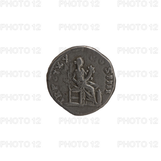 Denarius; Antoninus Pius (86–161, Roman emperor 138–161) issuer. Obverse: head of the emperor in a laurel wreath to right, inscription ONINVS AVG - PIVS PP IM. Reverse: Annona (personification) seated to right, holding a cornucopia in both hands, with a container (modius) of ears of grain in front, inscription TR POT X - COS IIII. Date: 156–157. Roman Empire, Rome. Coin; diameter 16.0 mm; weight 3.35 g; axis 0°.