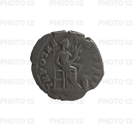 Denarius, Antoninus Pius (86–161; Roman emperor 138–161), issuer: Antoninus Pius. Obverse: head of the emperor in a laurel wreath to the right, inscription 'ANTONINVS AVG PI - PP IMP II'. Reverse: Annona (personification) seated right, holding a horn of plenty in both hands; in front of her is a container with ears of grain (modius), inscription 'TR POT XX - COS IIII'. Date: 156–157. Roman Empire (27 BC–476), Rome. Coin: diameter 17.0–17.5 mm, weight 2.80 g, axis 180 degrees.