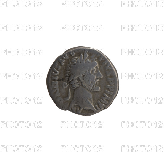 Denarius, Antoninus Pius (86–161; Roman emperor 138–161), issuer; obverse: head of the emperor in a laurel wreath facing right, inscription ANTONINVS AVG PIVS PP IMP II; reverse: Salus seated left feeding a snake wrapped around an altar with right hand, left hand resting on throne, inscription TR POT XX COS IIII; dated 156–157; Roman Empire (27 BC–476), Rome; coin; diameter 15.0–16.0 mm; weight 2.85 g; axis 180°.