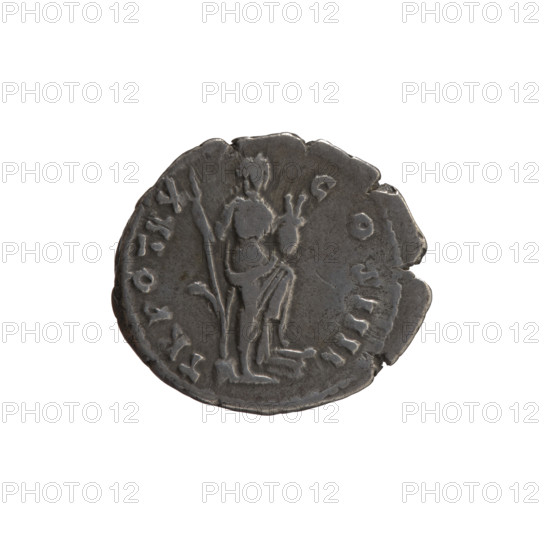 Denarius, Antoninus Pius (86–161; Roman emperor 138–161), issuer; obverse: head of the emperor in a laurel wreath facing right, legend ANTONINVS AVG PI - VS PP IMP II; reverse: Annona personified stands to the right with one leg on the prow of a ship, holding a long rudder resting on a globe in her right hand and a container with ears of grain (modius) in her left, legend TR POT XX - COS IIII; 156–157, Roman Empire (27 BC–476), Rome; coin; diameter 16.5 mm and 19.0 mm, weight 3.10 g, axis 180°.