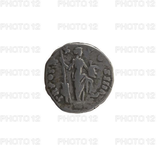 Denarius, Antoninus Pius (86–161; Roman emperor 138–161), issuer: Antoninus Pius. Obverse: Head of Antoninus Pius in a laurel wreath to the right, inscription ANTONINVS AVG PIVS PP IMP II. Reverse: Annona standing to the right with one leg on the prow of a ship; in her right hand a long rudder, in her left a container with ears of corn (modius); inscription TR POT X X COS IIII. Date: 156–157. Culture: Roman Empire (27 BC–476). Place: Rome. Medium/function: coin (denarius). Diameter: 16.5 mm. Weight: 3.10 g. Axis: 195°.