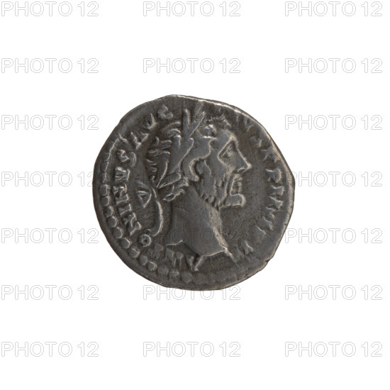 Denarius, Antoninus Pius (86–161; Roman emperor 138–161), issuer: Antoninus Pius. Obverse: head of the emperor in a laurel wreath facing right, inscription ANTONINVS AVG - IVS PP IMP II. Reverse: Annona (personification) stands to the right with one foot on the prow of a ship; in her right hand she holds a long rudder resting on a globe, in her left a container with ears of corn (modius), inscription TR POT X - X - COS IIII. Date: 156–157. Roman Empire, Rome. Coin: diameter 16.5–17.0 mm, weight 2.95 g, axis 180°.