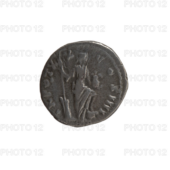 Denarius of Antoninus Pius (86–161; Roman emperor 138–161). Obverse: Head of the emperor in a laurel wreath facing right, inscription ANTONINVS AVG - IVS PP IMP II. Reverse: Annona standing to the right with one leg on the prow of a ship; in her right hand a long rudder resting on a globe, in her left hand a container with ears of corn (modius), inscription TR POT X - X - COS IIII. Date: 156–157. Roman Empire, Rome. Coin; diameter 16.5–17.0 mm, weight 2.95 g, axis 180°.