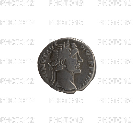 Denarius of Antoninus Pius (86–161; Roman emperor 138–161). Obverse: Head of Antoninus Pius in a laurel wreath facing right, inscribed NINVS AVG - PIVS PP IMP I. Reverse: Annona stands to the right with one leg on the prow of a ship, holding a long rudder in her right hand and a container with ears of grain (modius) in her left; inscribed TR POT X - X - COS III. Iconography: Annona (personification), personifications; motifs include head of the emperor, modius, ships, rudders. Date: 156–157. Roman Empire, Rome. Coin, diameter 15.5–16.0 mm, weight 3.50 g, axis 180°.