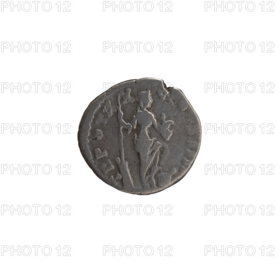 Denarius of Antoninus Pius (86–161; Roman emperor 138–161). Obverse: Head of Antoninus Pius in a laurel wreath facing right, legend NINVS AVG - PIVS PP IMP I. Reverse: Annona stands to the right with one leg on the prow of a ship, holding a long rudder in her right hand and a container with ears of grain (modius) in her left, legend TR POT X - X - COS III. Iconography includes Annona, personifications, ships, rudders, modius. Date: 156–157. Roman Empire (27 BC–476). Coin: diameter 15.5–16.0 mm, weight 3.50 g, axis 180°.