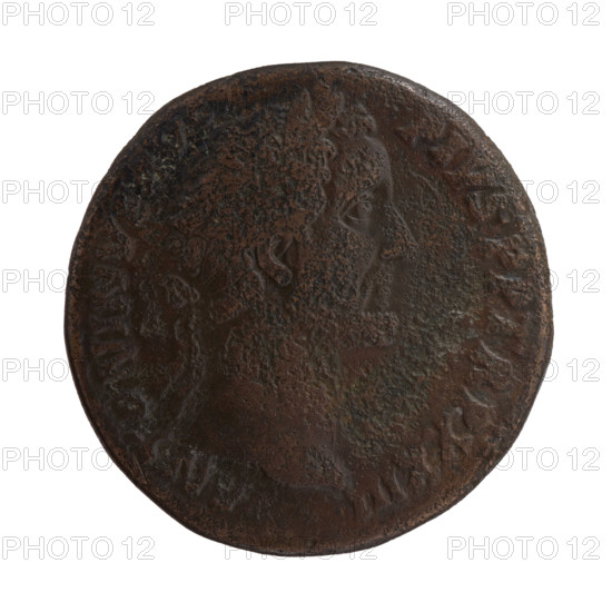 Sestertius of Antoninus Pius (86–161; Roman emperor 138–161). Obverse: head of the emperor in a laurel wreath facing right, inscription ANTONINVS AVG - PIVS PP TR P XXIII. Reverse: Pietas standing left, holding a globe in her outstretched right hand, a child in her left, two children standing at her sides, inscription ETATI - AVG COS IIII, in SC. Date: 159–160. Roman Empire. Coin. Diameter: 30.5–31.0 mm. Weight: 24.10 g. Axis: 180°. Iconography: head of the emperor, globe (attribute), Pietas, children.