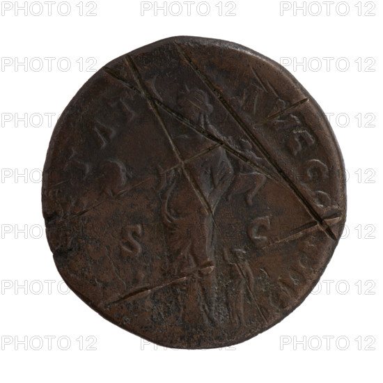 Sestertius, Antoninus Pius (86–161; Roman emperor 138–161), issuer; obverse: head of the emperor in a laurel wreath facing right, inscription 'ANTONINVS AVG - PIVS PP TR P XXIII'; reverse: Pietas standing left, holding a globe in her outstretched right hand and a child in her left, two children standing at her sides, inscription 'ETATI - AVG COS IIII' and 'SC'; iconography: personifications, children, head of the emperor, globe (attribute); date: 159–160; culture: Roman Empire (27 BC–476); place: Rome; object type: coin (sestertius); material: [bronze]; dimensions: diameter 30.5–31.0 mm, weight 24.10 g, axis 180°.