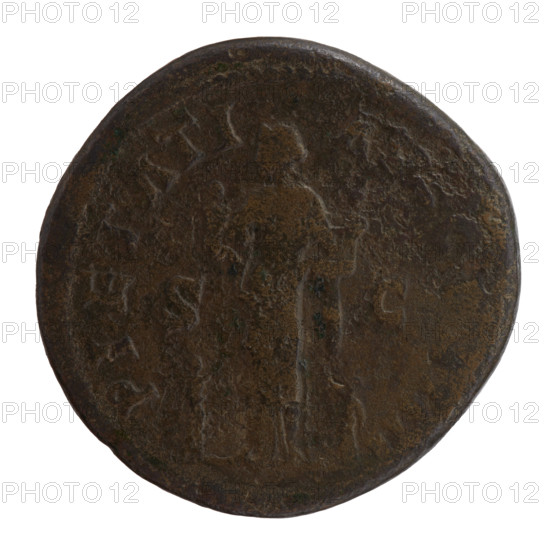 sestertius, Antoninus Pius (86–161; Roman emperor 138–161), issuer; obverse: head of the emperor in a laurel wreath facing right, inscribed ANTONINVS AVG PIVS PP TR P XXIIII; reverse: Pietas standing left, holding two children in her arms, two more children standing at her sides, inscribed PIETATI - A, CO, IIII and in SC fields; dated 160–161; Roman Empire (27 BC–476), Rome; coin (sestertius), diameter 31.5–33.0 mm, weight 25.30 g, axis 15 degrees