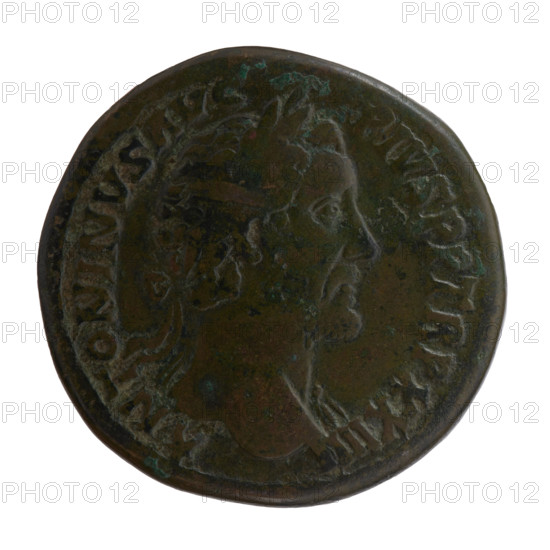 Sestertius, Antoninus Pius (86–161; Roman emperor 138–161) — obverse: bust of Antoninus Pius with a laurel wreath and drapery on the left shoulder facing right, legend ANTONINVS AVG - PIVS PP TR P XXIIII; reverse: Pietas standing left holding two children in her arms, two more children standing at her sides, legend ETATI - VG COS IIII, in SC fields. Date: 160–161. Roman Empire, Rome. Coin: diameter 32.0–33.0 mm, weight 27.20 g, axis 165°.