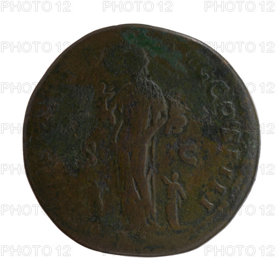 sestertius, Antoninus Pius (86–161; Roman emperor 138–161), issuer: Antoninus Pius; iconography: personifications, children, head of the emperor in a laurel wreath; obverse: bust of Antoninus Pius with a laurel wreath and drapery on the left shoulder, facing right, legend 'ANTONINVS AVG - PIVS PP TR P XXIIII'; reverse: Pietas standing left holding two children in her arms, two more children standing at her sides, legend 'ETATI- VG COS IIII' and 'in SC' in fields; date: 160–161; culture/place: Roman Empire, Rome; object type: coin (sestertius); diameter: ~32–33 mm; weight: 27.20 g; axis: 165°.