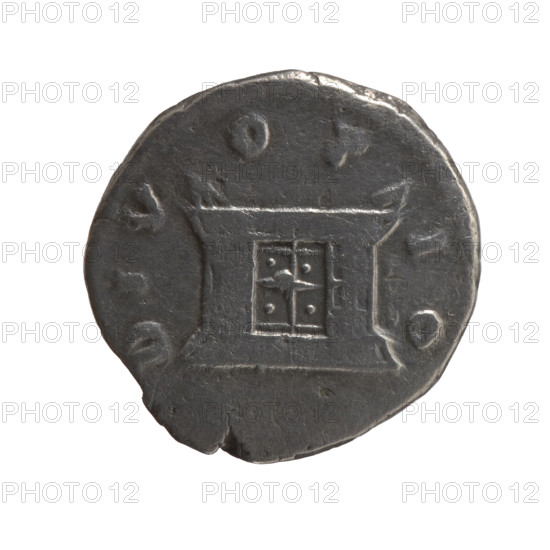 Denarius, posthumous issue: Antoninus Pius (86–161; Roman emperor 138–161), Marcus Aurelius (121–180; Roman emperor 161–180), and Lucius Verus (130–169; Roman emperor 161–169) — obverse: head of Antoninus Pius bare, right, legend DIVVS ANTONINV; reverse: rectangular altar with a pair of doors and a finial in the form of horns, legend DIV-OP-IO. After 161, Roman Empire (27 BC–476), Rome. Coin: diameter 16.0–16.5 mm, weight 3.00 g, axis 180°.