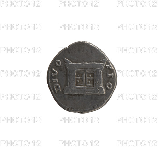 Denarius, posthumous; obverse: head of Antoninus Pius bare to right, inscribed DIVVS · ANTONIN; reverse: rectangular altar with pair of doors and a finial in the form of horns, inscribed DIVO · PIO; issuers: Lucius Verus and Marcus Aurelius; after 161 CE; Roman Empire (27 BCE–476 CE), Rome; coin; diameter 16.5–17.0 mm; weight 3.20 g; axis 180°.