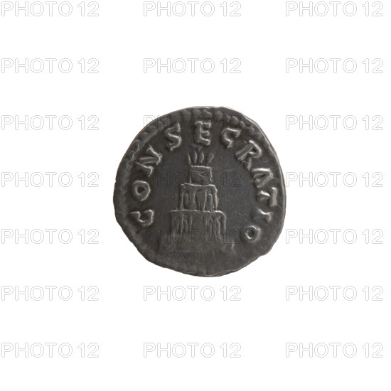 Denarius, Marcus Aurelius (121–180, Roman emperor 161–180) and Lucius Verus (130–169, Roman emperor 161–169), issuer; posthumous Antoninus Pius (86–161, Roman emperor 138–161). Obverse: head of Antoninus Pius without a covering, with drapery on the left shoulder, inscription DIVVS ANTONINVS around. Reverse: funeral pyre with four tiers, decorated with garlands and statues, with a quadriga on top, inscription CONSECRATIO around. After 161 CE, Roman Empire (27 BC–476). Rome. Coin (denarius): diameter 16.5–17.0 mm, weight 3.25 g, axis 0°.