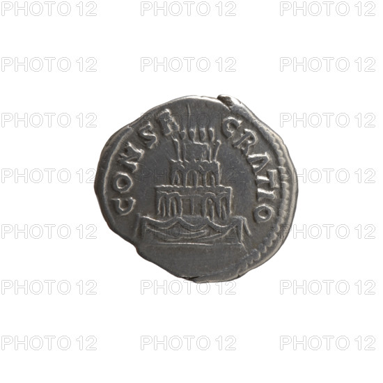 Denarius, after 161 CE. Obverse: head of Antoninus Pius without a covering, with drapery on the left shoulder, right; legend 'DIVVS ANTONINVS'. Reverse: funeral pyre with four tiers, decorated with garlands and statues, topped by a quadriga; legend 'CONSECRATIO'. Issuers: Lucius Verus (130–169), Marcus Aurelius (121–180); posthumous depiction of Antoninus Pius (86–161). Rome, Roman Empire. Coin, diameter 17.0–17.5 mm, weight 3.10 g, axis 180°.