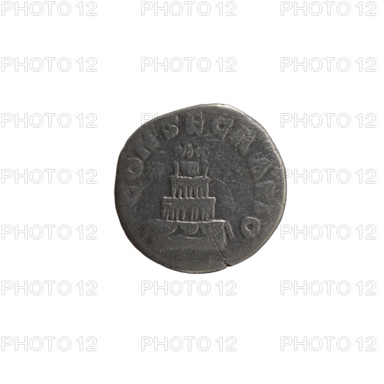 Denarius of Lucius Verus (issuer) and Marcus Aurelius (issuer), posthumous Antoninus Pius (86–161). Obverse: Head of Antoninus Pius without a covering, with drapery on the left shoulder, right; legend DIVVS ANTONINVS. Reverse: Funeral pyre with four tiers, decorated with garlands and statues, with a quadriga on top; legend CONSECRATIO. After 161, Roman Empire; Rome. Coin; diameter 17.0 mm; weight 2.95 g; axis 180°.