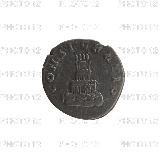Denarius, Marcus Aurelius (121–180; Roman emperor 161–180) and Lucius Verus (130–169; Roman emperor 161–169) as issuers; posthumous Antoninus Pius (86–161; Roman emperor 138–161). Obverse: head of Antoninus Pius without a covering, with drapery on the left shoulder, right; legend DIVVS ANTONINVS all around. Reverse: funeral pyre with four tiers, decorated with garlands and statues, with a quadriga on top; legend CONSECRATIO all around. After 161. Roman Empire, Rome. Coin; diameter 17.0–18.0 mm, weight 2.90 g, axis 15°.