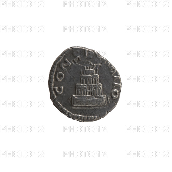 Denarius, after 161 CE. Obverse: head of Antoninus Pius bare, facing right, legend DIVVS ANTONINVS. Reverse: funeral pyre with four tiers decorated with garlands and statues, quadriga on top, legend CONSE, ATIO. Issuers: Lucius Verus (130–169) and Marcus Aurelius (121–180); posthumous portrait of Antoninus Pius (86–161). Roman Empire, Rome. Silver coin; dia. 16.0–17.0 mm, weight 2.80 g, axis 180°.
