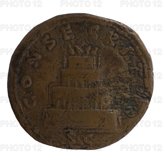 Sestertius, posthumous issue for Antoninus Pius (86–161, Roman emperor 138–161); issuers: Marcus Aurelius (121–180, Roman emperor 161–180) and Lucius Verus (130–169, Roman emperor 161–169). Obverse: Head of Antoninus Pius, bare, drapery on left shoulder, right; legend DIVVS • ANTONINVS. Reverse: Funeral pyre with four tiers, decorated with garlands and statues; atop a quadriga bearing the emperor; legend CONSECRAT and SC. Iconography: garlands, quadrigae, head of the emperor, statues, funeral pyre. Date: after 161, Roman Empire (27 BC–476), Rome. Medium: coin (sestertius). Dimensions: diam. 31.5–34.0 mm, weight 26.85 g, axis 15°.