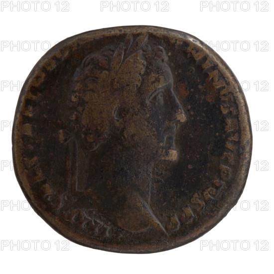 Sestertius, Antoninus Pius (86–161; Roman emperor 138–161), issuer: Antoninus Pius. Obverse: head of the emperor in a laurel wreath to the right, legend IMP CAES T AEL HADRIANVS AVG PIVS PP. Reverse: Annona (personification) seated left, holding ears of corn in her lowered right hand above a modius and a cornucopia in her left hand, legend XV COS. Roman Empire (27 BC–476), Rome. Coin. Diameter 30.0–31.5 mm, weight 25.10 g, axis 180°.