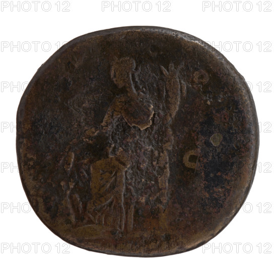 Sestertius, Antoninus Pius (86–161; Roman emperor 138–161), issuer. Obverse: Head of Antoninus Pius in a laurel wreath to the right, legend IMP CAES T AEL HAD ONINVS AVG PIVS PP. Reverse: Annona seated left, holding ears of corn above a modius in her lowered right hand and a cornucopia in her left, legend XV COS. Iconography: Annona (personification), ears of corn, modius, cornucopiae; head of the emperor in a laurel wreath. Date: 151–152. Culture: Roman Empire (27 BC–476). Place: Rome. Medium: coin. Measurements: diameter 30.0–31.5 mm, weight 25.10 g, axis 180°.