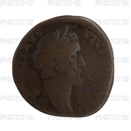 Sestertius of Antoninus Pius (86–161; Roman emperor 138–161). Obverse: head of the emperor in a laurel wreath facing right, legend S AVG — PIV, II around. Reverse: Annona (personification) standing left, holding ears of corn above a modius (container) in her right hand and an anchor in her left; inscription OS in a section and SC in fields. Iconography: Annona, ears of corn, modius, anchors; head of Antoninus Pius in laurel wreath. Date: 148–149. Roman Empire (27 BC–476), Rome. Coin: bronze, diameter 30.0 mm, weight 18.90 g, axis 0°.