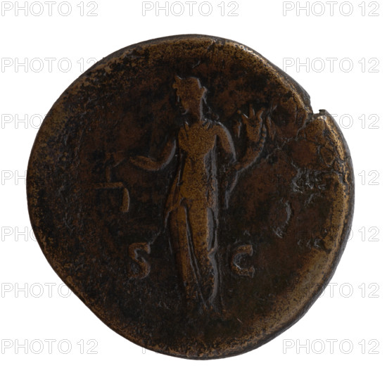 Sestertius, Antoninus Pius (86–161; Roman emperor 138–161), issuer; obverse: head of Antoninus Pius in a laurel wreath facing right, inscription ANTONINVS AVG PIVS PP T I; reverse: Aequitas standing left, holding scales in his right hand and a cornucopia in his left, fields marked S·C; iconography: personification Aequitas, cornucopias, scales; date: 148–149; culture/place: Roman Empire, Rome; object type/material: coin; dimensions: diameter 29.5–32.0 mm, weight 26.80 g, axis 345°.