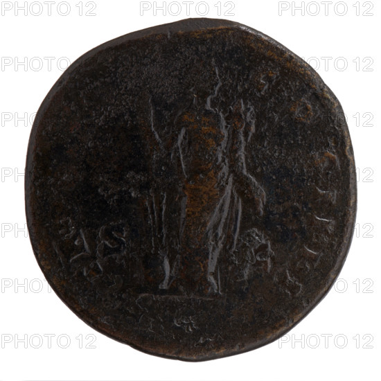 Sestertius of Antoninus Pius (86–161; Roman emperor 138–161). Obverse: Head of Antoninus Pius in a laurel wreath facing right; inscription 'CAE HADR ANT - ONINVS AVG PIVS PP' (all around). Reverse: Fortuna standing right; in her right hand she holds a long rudder on a globe, in her left hand a cornucopia; inscription 'TR POT X, - COS IIII' (all around), control marks in the fields 'SC.' Date: 151–152. Roman Empire (27 BC–476), Rome. Coin: diameter 32.5–33.5 mm, weight 24.60 g, axis 180°.
